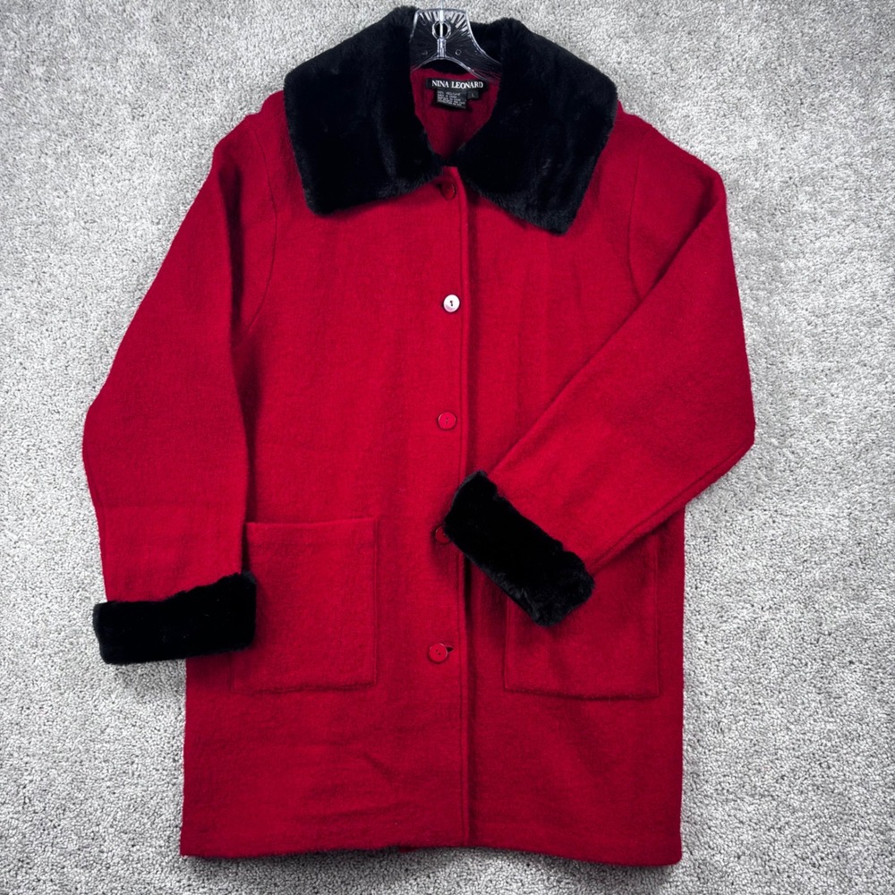 Nina Leonard Womens Red 100% Wool Coat Black Faux Fur Collar Cuffs Size Large
